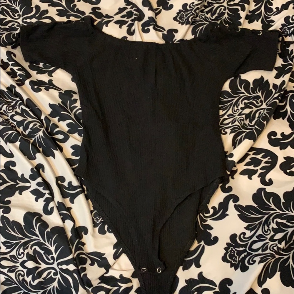 Black, off the shoulder body suit